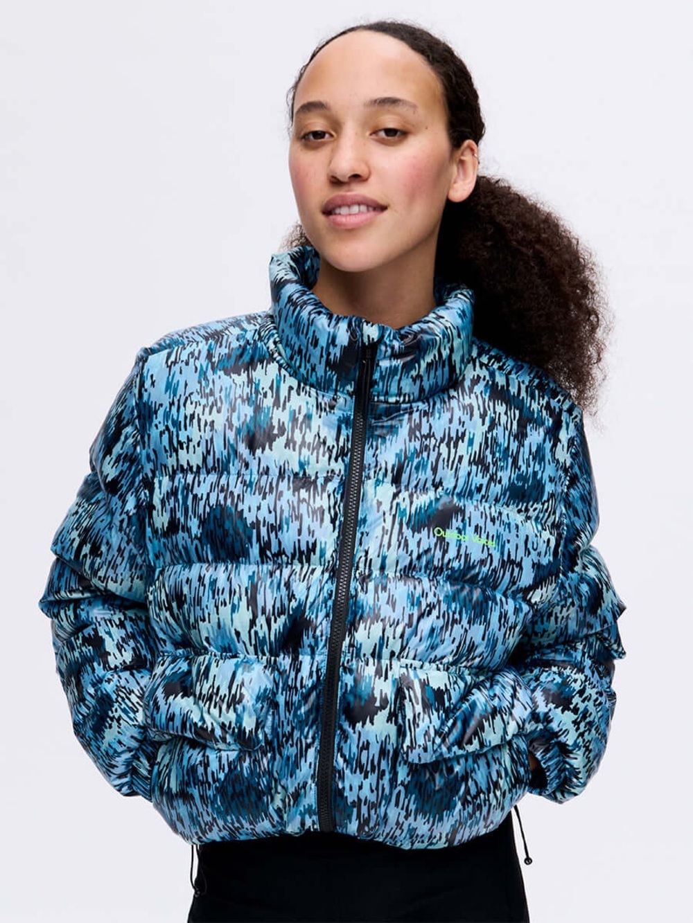 Outdoor Voices Blue Patterned Cropped Puffer Jacket